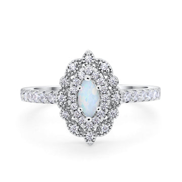 Art Deco Marquise Wedding Ring Lab Created White Opal 925 Sterling Silver